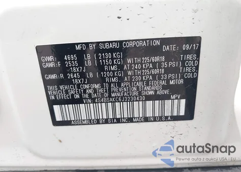 2018 Subaru Outback 2.5I Limited z USA, uszkodzony, nr VIN 4S4BSAKC6J3230430